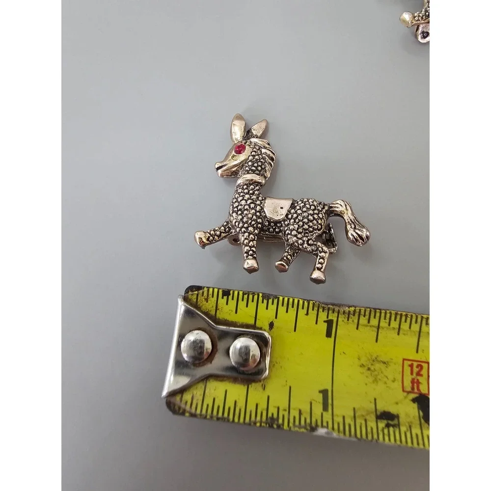 Vintage Donkey Figural Brooch Pin Matched Pair Red Rhinestone Eye MCM Set